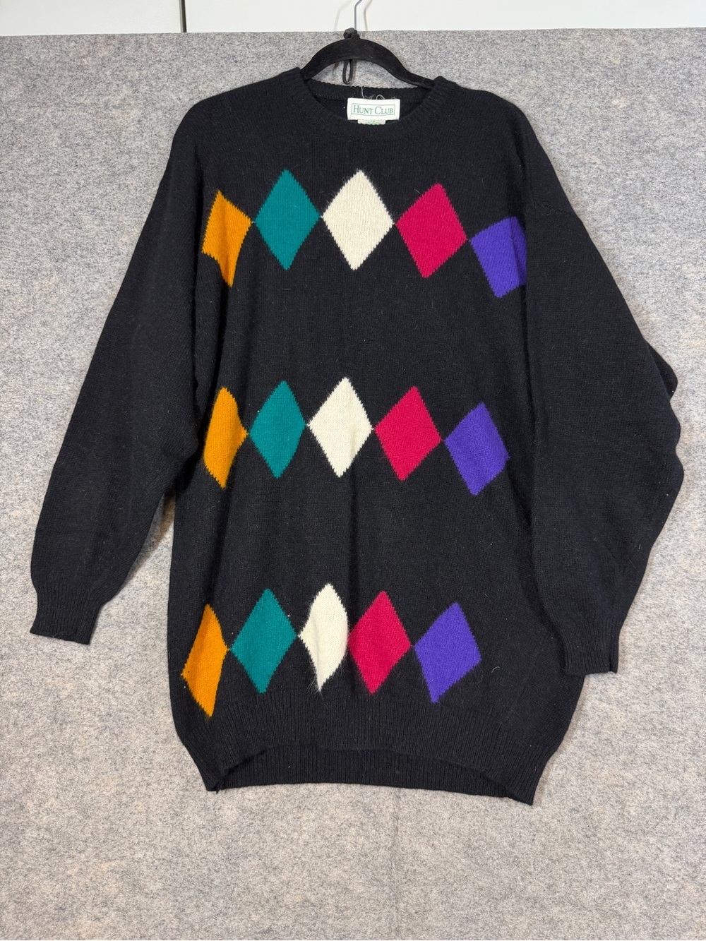 Vintage 80s 90s Preppy Hunt Club Lambswool Blend Argyle Sweater Black Large